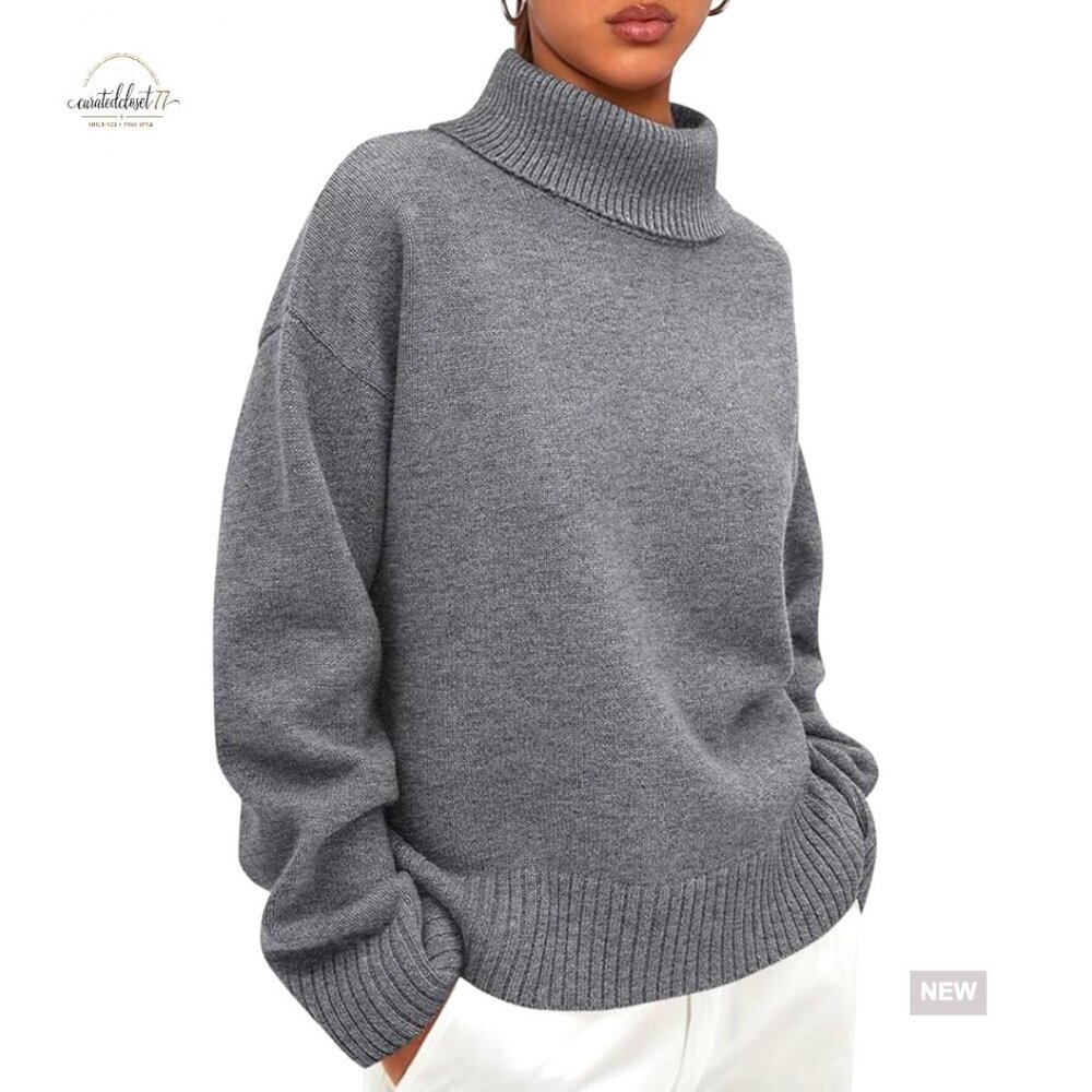 Chunky Knit Turtleneck Pullover Sweater Loose Fit Long Sleeve Fall Winter